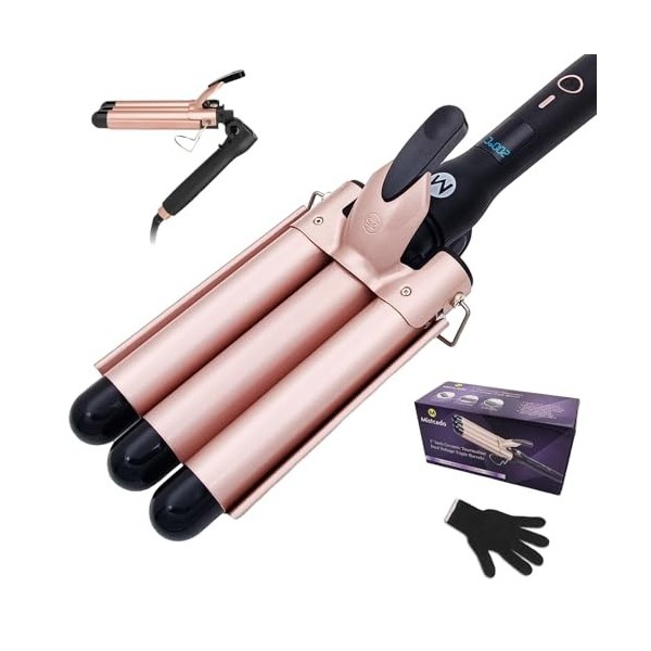 Fer à friser à 3 barils, fer à friser en céramique tourmaline de 25 mm avec affichage de la température LCD, sertisseuses pli