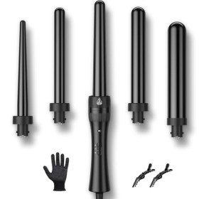 Fer à Friser 5 en 1, 180 °C - 210 °C, Température Réglable, Chauffage Rapide, Fer à Friser Professionnel Multifonction, Noir