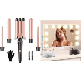 Lockenstab Set 5 in 1 & Hollywood Schminkspiegel Höhenverstellbar 3 Farbmodi 60x35cm