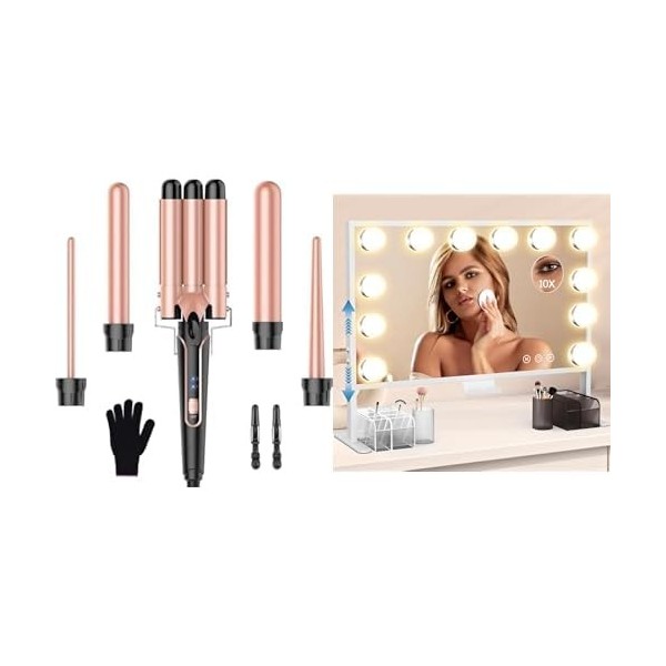 Lockenstab Set 5 in 1 & Hollywood Schminkspiegel Höhenverstellbar 3 Farbmodi 60x35cm