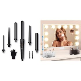 Lockenstab Set 6 in 1 & Hollywood Schminkspiegel Höhenverstellbar 3 Farbmodi 60x35cm