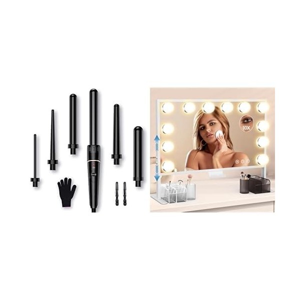 Lockenstab Set 6 in 1 & Hollywood Schminkspiegel Höhenverstellbar 3 Farbmodi 60x35cm