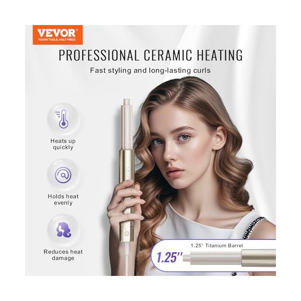 VEVOR Fer à friser 8 en 1, fer à boucler de 34,5 mm, avec 2 barils, 2 brosses, 4 buses pour cheveux secs/lisses/bouclés/volum