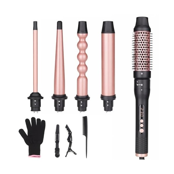 UNOBEY Fer à Boucler, Boucleur a Cheveux 5 en 1 avec Brosse Chauffante et 4 baguettes à boucler en céramique interchangeables