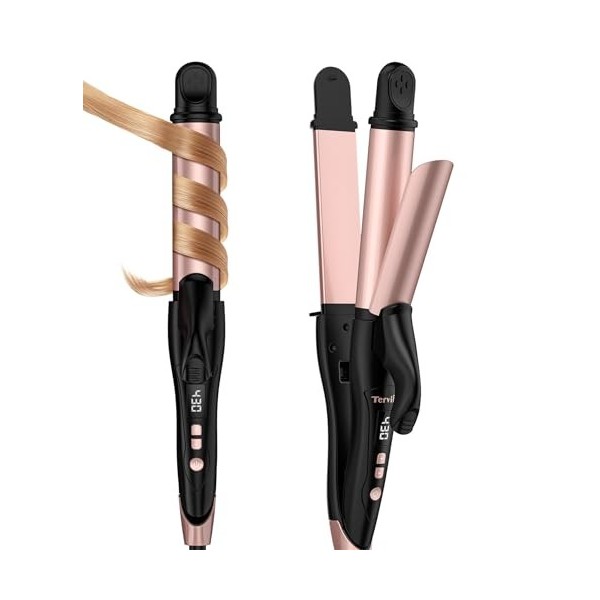 Terviiix Fer à boucler 2 en 1, lisseur de cheveux en un, fer à boucler ionique en céramique de 32 mm, affichage numérique de 