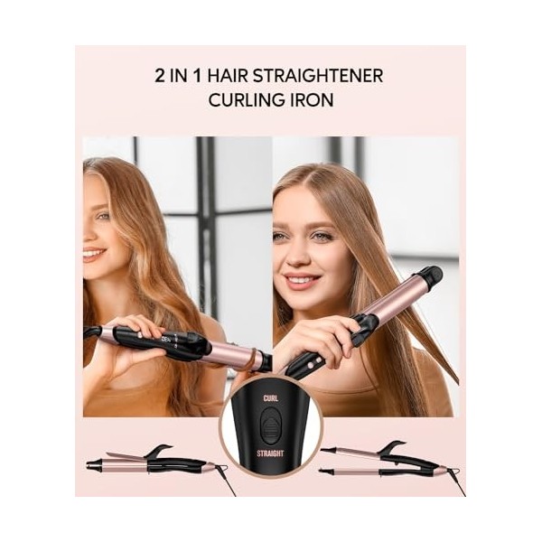 Terviiix Fer à boucler 2 en 1, lisseur de cheveux en un, fer à boucler ionique en céramique de 32 mm, affichage numérique de 