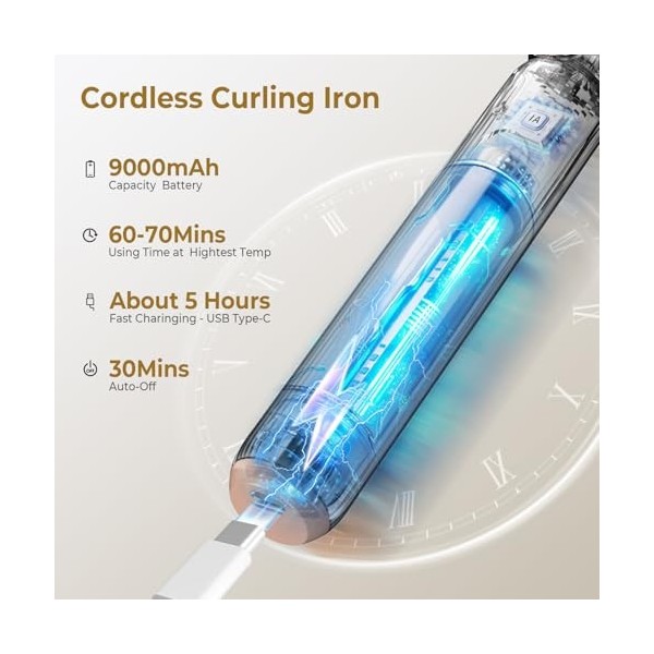 Boucleur Sans Fil, Fer à Boucler 9000 mAh, UKLISS Boucleur a Cheveux Rechargeables USB 28 mm, Fer à Friser Portable, Friseur 