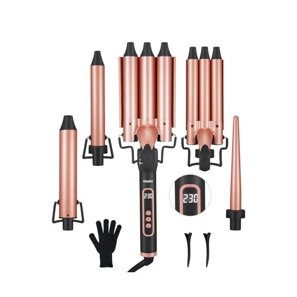 Ensemble de Fer à Friser 5 en 1, Ohuhu Ensemble de Baguettes à Friser avec 2 Fers à Friser à Trois Barils 3 Barils en Céramiq