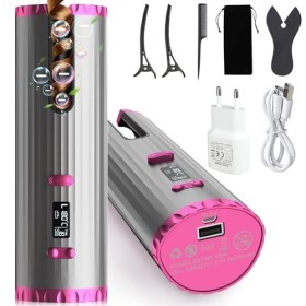 Fer à Boucler Automatique, Boucleur a Cheveux Portable Fer à Friser Sans Fil, Rechargeable USB, 6 Température/Minuterie, Bouc