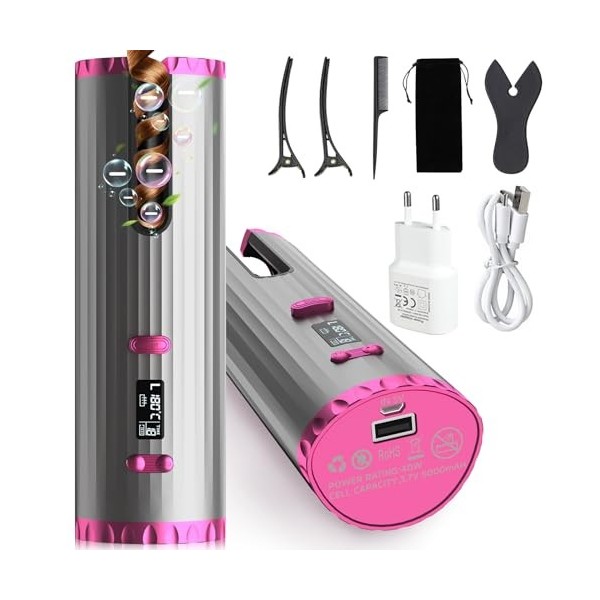 Fer à Boucler Automatique, Boucleur a Cheveux Portable Fer à Friser Sans Fil, Rechargeable USB, 6 Température/Minuterie, Bouc