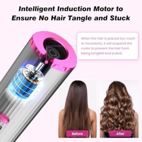 Fer à Boucler Automatique, Boucleur a Cheveux Portable Fer à Friser Sans Fil, Rechargeable USB, 6 Température/Minuterie, Bouc