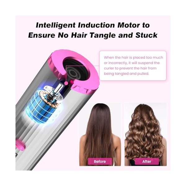 Fer à Boucler Automatique, Boucleur a Cheveux Portable Fer à Friser Sans Fil, Rechargeable USB, 6 Température/Minuterie, Bouc