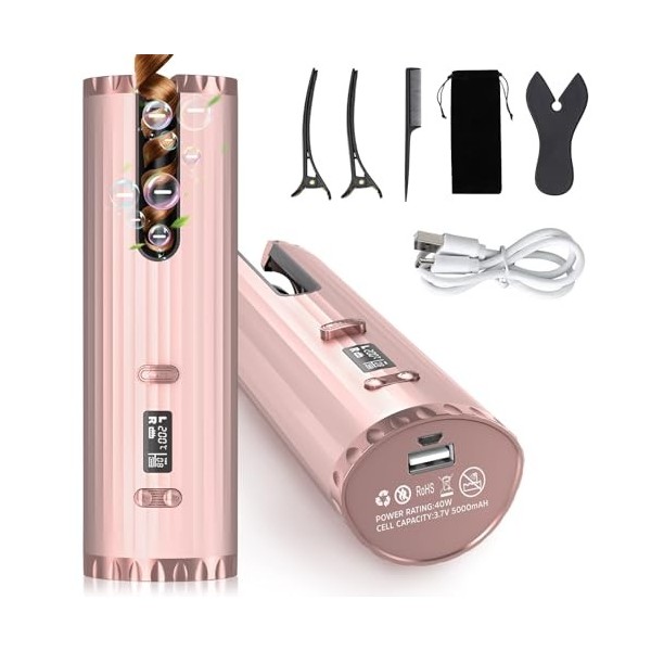 Fer à Friser Automatique, Fer à Boucler Sans Fil Boucleur a Cheveux Portable, Rechargeable USB, 6 Température/Minuterie, Bouc