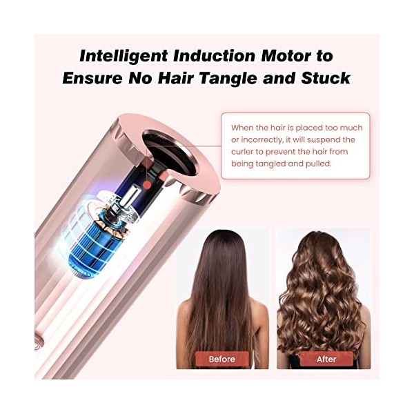 Fer à Friser Automatique, Fer à Boucler Sans Fil Boucleur a Cheveux Portable, Rechargeable USB, 6 Température/Minuterie, Bouc