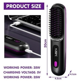 Brosse Lissante Sans Fil, Portable Mini Lisseur, 3 Réglages de Température, Anti-Brûlure, Brosse Chauffante Sans Fil, Brosse 