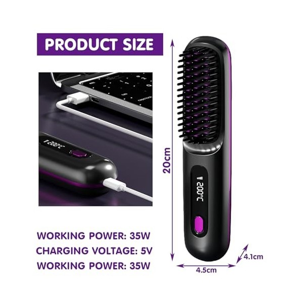 Brosse Lissante Sans Fil, Portable Mini Lisseur, 3 Réglages de Température, Anti-Brûlure, Brosse Chauffante Sans Fil, Brosse 