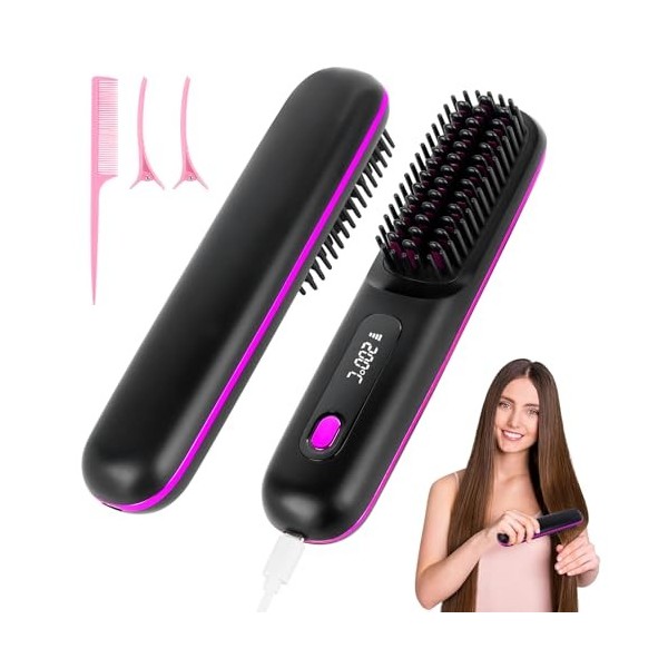 LYPPUL Brosse Lissante Pour Cheveux, Portable Fers à Lisser, Mini Lisseur Sans Fil Rechargeable 160℃-200℃ Chauffe Rapide Rech
