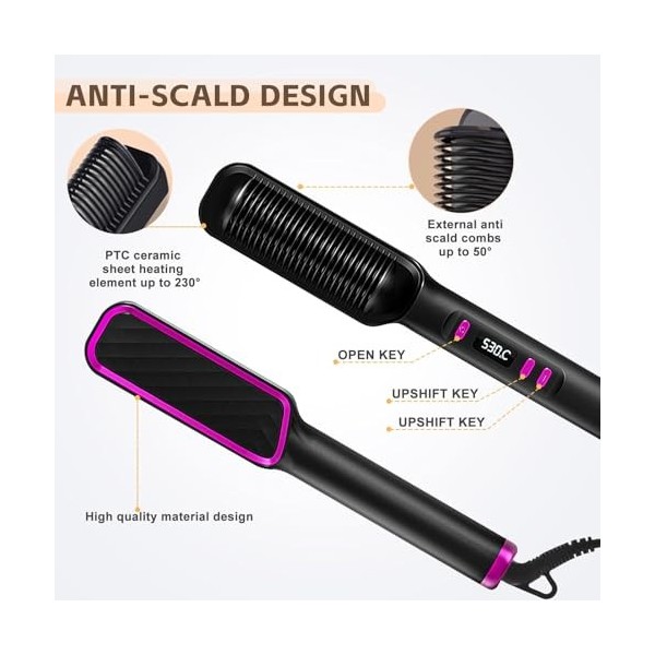 Brosse à lisser, peigne à lisser en céramique à chauffage rapide, fer et brosse à cheveux 2 en 1, anti-brûlure, chauffage rap