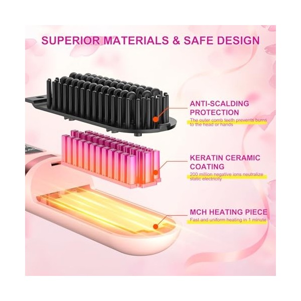 Brosse à lisser sans fil, peigne chauffant portable, rechargeable par USB, brosse à cheveux chauffante ionique, chauffage rap