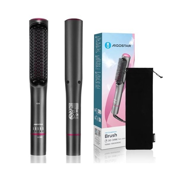 Aigostar Tessa - Brosse Lissante Ionique pour Cheveux,Fer à Lisser Professionnel,5 Réglages De Température,130°C-210°C,Chauff