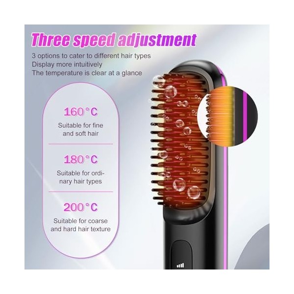 Brosse Lissante Sans Fil, 200 Millions dions Négatifs Brosse Lissante, 3 Températures Réglables Brosse Chauffante Portable A
