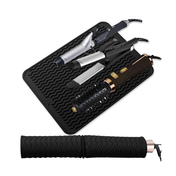 Ptwola Tapis de fer à friser surdimensionné en silicone résistant à la chaleur avec attaches et support plat pour femme en cé