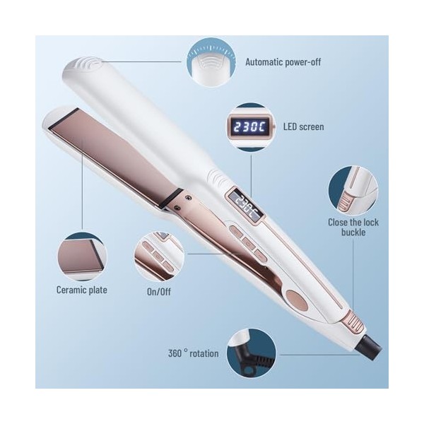 Fer à Lisser, Lisseur Cheveux Portable Voyage Lisseur de cheveux ionique, avec écran LCD, Température Réglable, 10″ Chauffage