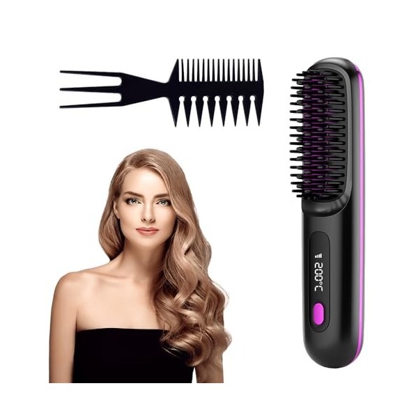 KBIBCK Brosse Lissante Pour Cheveux,Brosse à lisser Bella,Lisseur Cheveux Sans Fil,Brosse avec ÉCran 3 Température Réglable C