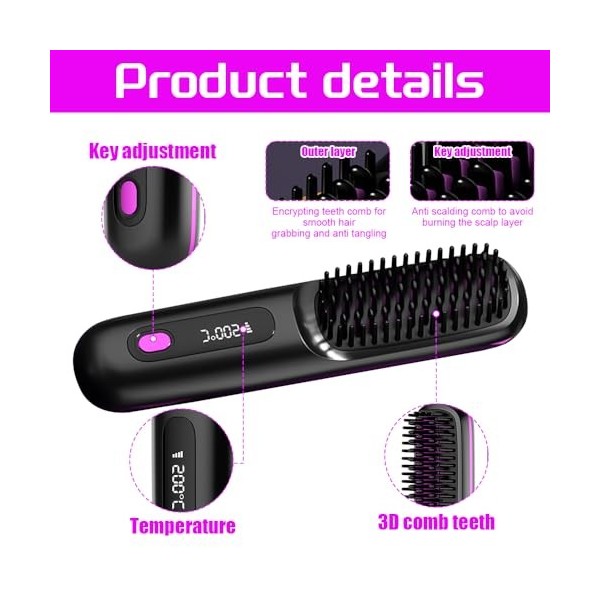 KBIBCK Brosse Lissante Pour Cheveux,Brosse à lisser Bella,Lisseur Cheveux Sans Fil,Brosse avec ÉCran 3 Température Réglable C