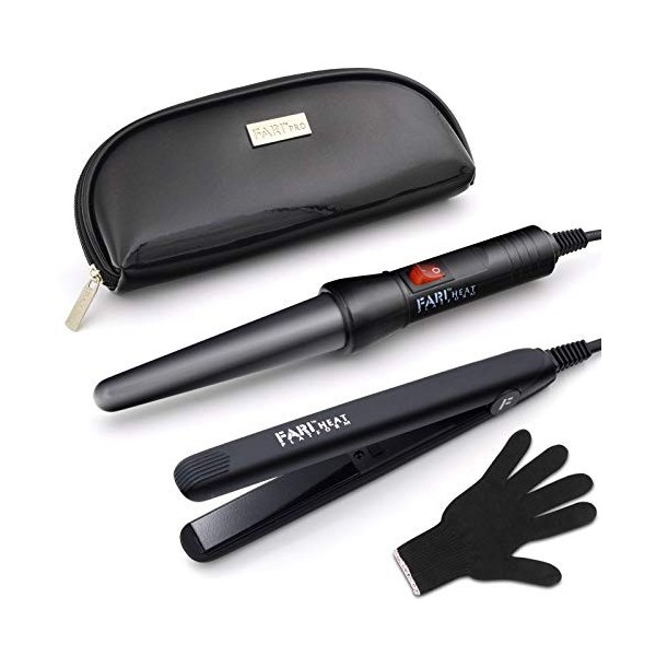 Bâton de bouclage et fer à lisser mini 2 en 1, Kit avec bâton de bouclage en céramique tourmaline et fer à lisser pour les ch