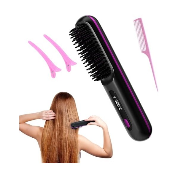 Brosse à lisser sans fil, peigne portable à chauffage rapide, rechargeable de type C, fer à lisser de voyage avec 3 réglages 
