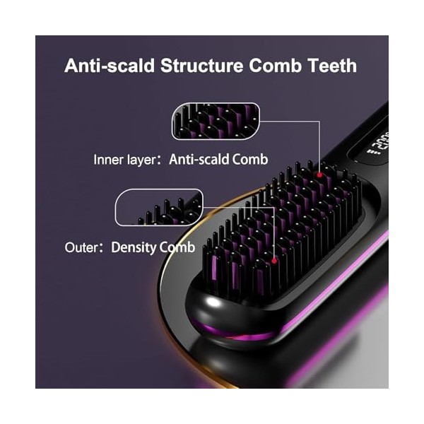 Brosse à lisser sans fil, peigne portable à chauffage rapide, rechargeable de type C, fer à lisser de voyage avec 3 réglages 