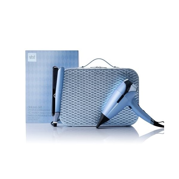 GHD - Coffret Deluxe, Lisseur Chronos & Sèche-Cheveux Helios Bleu Glacier , Vanity inclus. Outils professionnels : Lisseur l