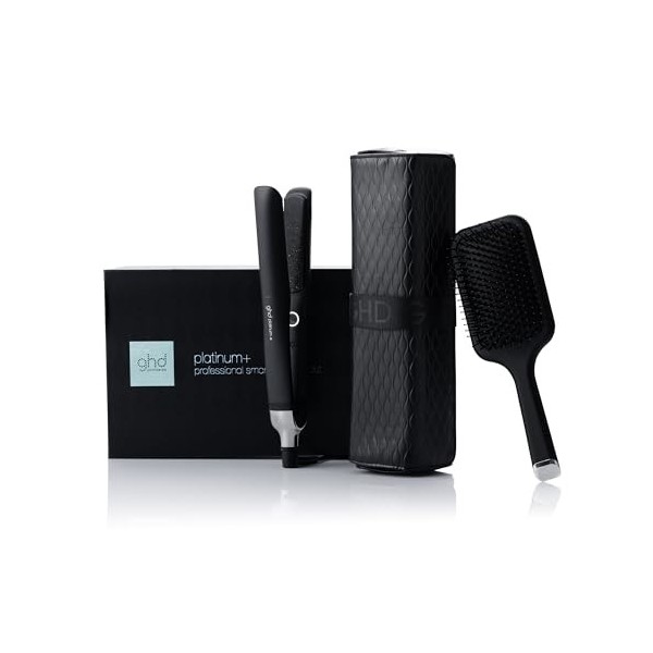 GHD - Coffret Noël Styler Platinum+ - Lisseur Cheveux Professionnel Noir , Brosse & Pochette incluses. Plus de brillance, Mo