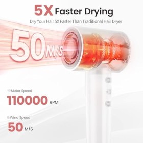 Sèche-Cheveux, 110 000 RPM Séchoir Ionique à Haute Vitesse pour Séchage Rapide, Sèche-Cheveux Professionnel Léger avec Diffus