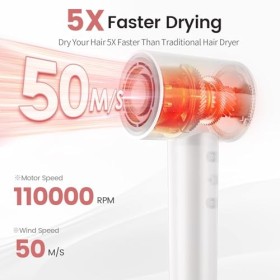 Sèche-Cheveux, 110 000 RPM Séchoir Ionique à Haute Vitesse pour Séchage Rapide, Sèche-Cheveux Professionnel Léger avec Diffus