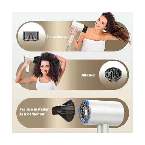 Sèche-cheveux Professionnel Ionique, Seche Cheveux 2400W Séchage Rapide, Hair Dryer Puissant et Léger, 3 Températures 2 Vites