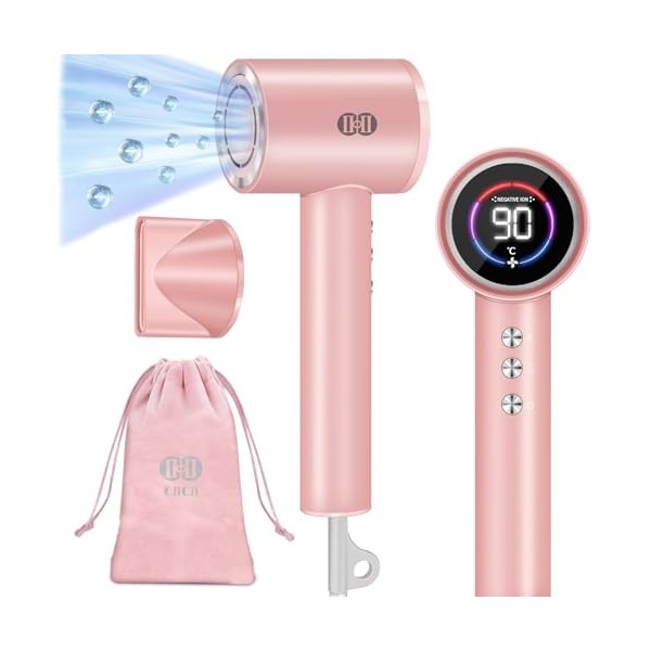 CIICII Seche Cheveux Ionique Négatif, 120,000RPM Sèche-Cheveux Grande Vitesse 1600W/3 Velocità/5-Temp/Écran HD/Borsa Portati