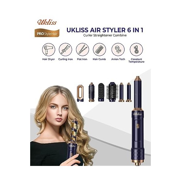UKLISS Airstyler Seche Cheveux 6 IN 1, Brosses électriques et Soufflantes, 1000w Brosse Chauffante, Seche Cheveux Boucleur, B