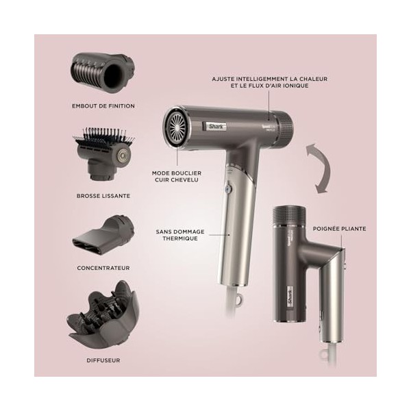Shark sèche-cheveux SpeedStyle Pro FLEX ultra-performant et ultra-rapide, 4 embouts de coiffage, léger, ionique, sans dommage