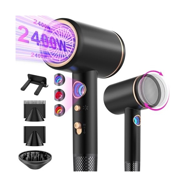 Tisoutec Seche cheveux ionique professionnel avec moteur AC 2400 W, diffuseur de cheveux 4 en 1, bouton chaud/froid, 3 niveau