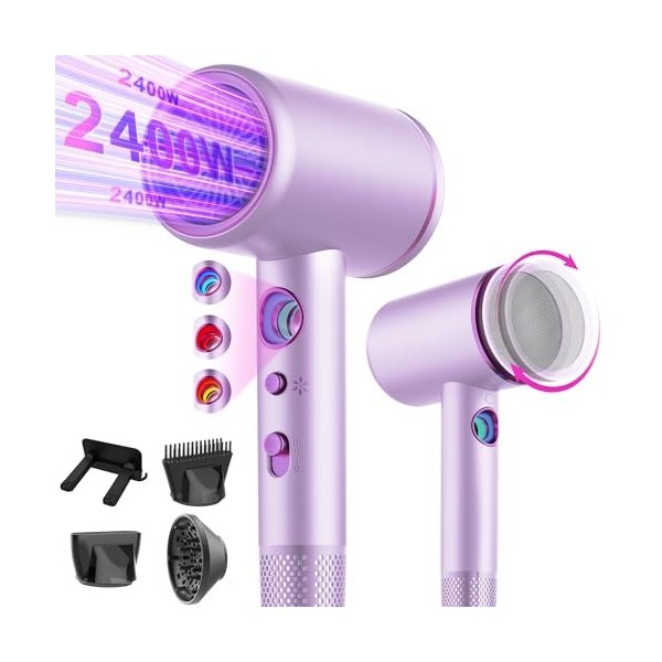 Tisoutec Seche cheveux ionique professionnel avec moteur AC 2400 W, diffuseur de cheveux 4 en 1, bouton chaud/froid, 3 niveau