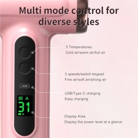 Sèche-cheveux sans Fil, Mini Sèche-cheveux Ionique Haute Vitesse 15 000 MAh 200 W, Faible Bruit et 2 Modes avec Affichage de 