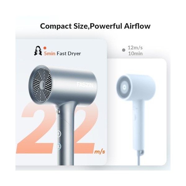 Sèche-cheveux Faszin, 22m/s Séchage Rapide Sèche-cheveux Léger,12 Modes de Séchage, 100 Millions dions, Sèche-cheveux Voyage
