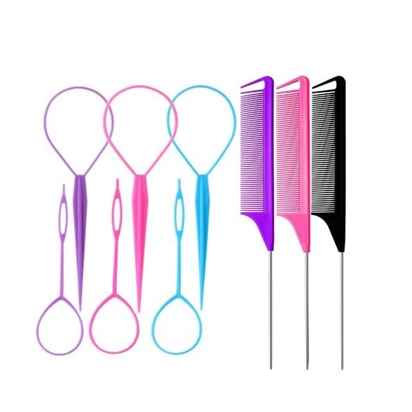 LilaLemon Lot de 9 peignes à cheveux antistatiques à dents fines pour femme, peigne de coiffure, avec poignée en acier inoxyd