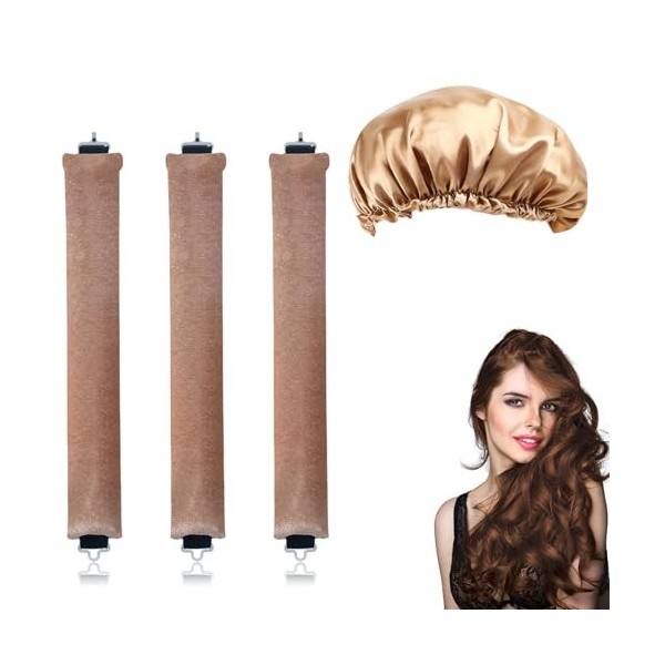 Lot de 3 tiges de soufflage kaki sans chaleur avec 1 bonnet de sommeil en dentelle dorée, bigoudis sans chaleur pour éviter l