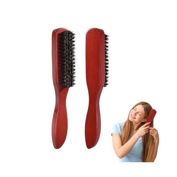 Brosse à cheveux en poils de sanglier doux et naturels pour cheveux fins et fins - Brosse à cheveux douce avec poignée en boi
