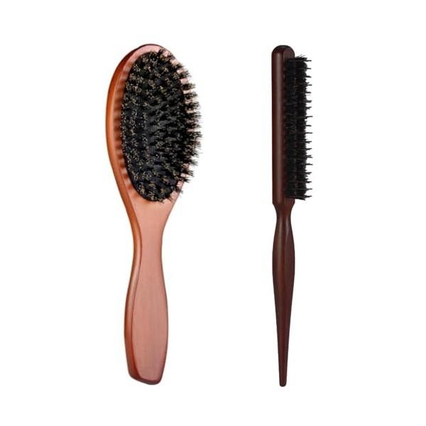 Lot de 2 brosses à cheveux en poils de sanglier pour femmes, hommes, enfants | Brosse à cheveux en poils naturels de sanglier