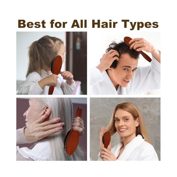 Lot de 2 brosses à cheveux en poils de sanglier pour femmes, hommes, enfants | Brosse à cheveux en poils naturels de sanglier