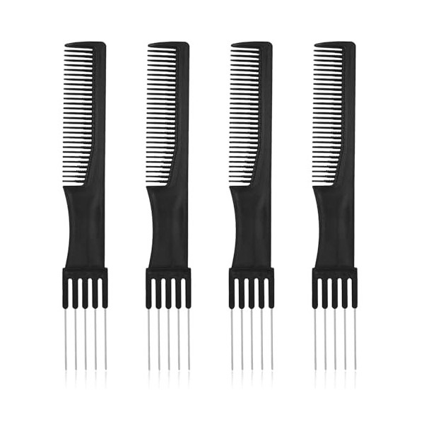 Lot de 4 peignes à cheveux avec broche en métal, peigne de coiffage en carbone noir avec peigne de coupe de cheveux en acier 